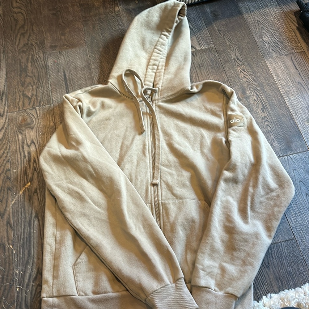 Alo Yoga tan colored zip up hoodie size small